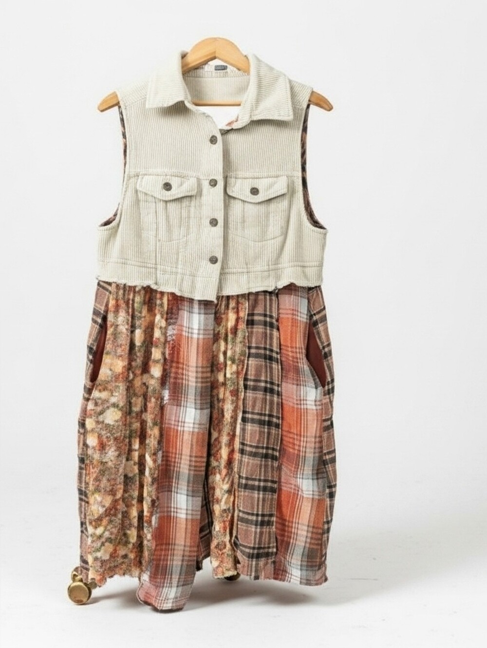 gimmicks‎ by BKE Cream Corduroy Bodice with Orange & Brown Patchwork Vest